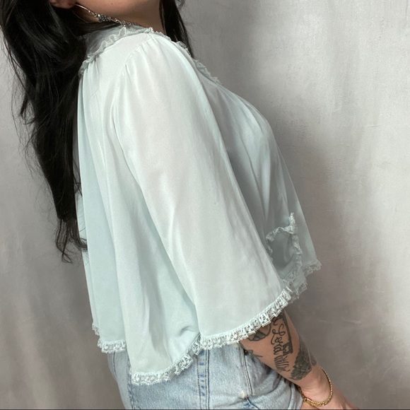 VINTAGE BABY BLUE NYLON EMBROIDERED BLOUSE - Picture 5 of 7